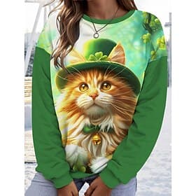 Women's St. Patrick's Day Sweatshirt Cat Street Print Casual Crew Neck Long Sleeve Micro-elastic Spring Fall