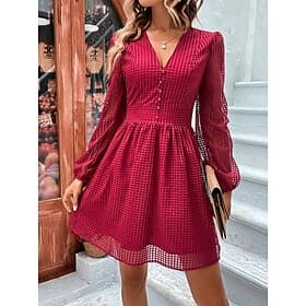 mini robe à carreaux à col en V pour femme à manches longues été printemps