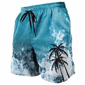 Men's Coconut Tree Waves Swim Shorts Board Shorts Swimming Trunks Mid Waist Tropical Streetwear Hawaiian Vacation Daily Holiday Drawstring Elastic Waist 3D Pri