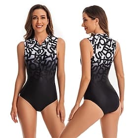 Women's Rash Guard One Piece Swimsuit Printed Front Zip Spandex UV Sun Protection UPF50 Quick Dry Sleeveless Bodysuit Bathing Suit Surfing Beach Water Sports S