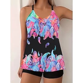 Women's Swimwear Tankini 2 Piece Boy Leg Swimsuit Backless High Waist Vacation Beach Wear Paisley V Neck Sleeveless Bathing Suits