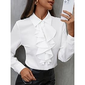 Damen Hemd Bluse Rüsche Knöpfe Einfarbig Geschäftlich Modern Lässig Langarm Hemdkragen Normale Oberteile Arbeit Formelle Kleidung Schwarz Weiß Sommer Frühling
