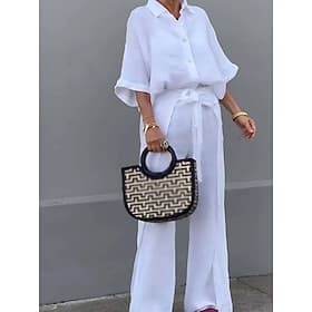 Femmes Chemise Ensembles en coton et lin Ensembles deux pièces Pantalons à Jambes Larges Manche 3/4 Col de chemise Uni Quotidien Basique Occasionnel Quotidien