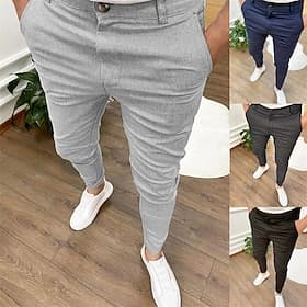 Men's Skinny Trousers Chinos Buttons Pocket Plain Comfort Formal Party Work Fashion Classic Style Black Blue Micro-elastic