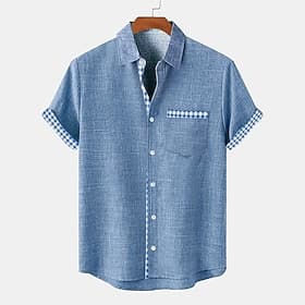 Homme Chemise Chemise Lin Chemise de plage Plaid Intérieur Vacances Bleu Vert Kaki Manche Courte Col rabattu Eté Vêtement Tenue