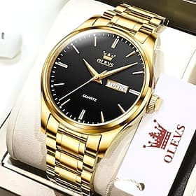 OLEVS Men Quartz Watch Calendar Minimalist Luxury Large Dial Luminous Calendar Date Week Waterproof Stainless Steel Strap Watch