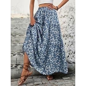 Women's Vacation Skirt Fashion Casual Maxi High Waist Skirts Floral Ruched Print Micro-elastic Daily Street Blue Black White Summer