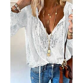 Women's Boho Lace Patchwork V-Neck Blouse Long Sleeve Drawstring Casual Tops for Summer Spring Daily Wear Multiple Colors