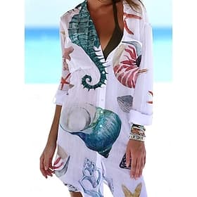 Robe chemisier mini femme Robe de couverture Vêtements de plage Robe mini Poche Imprimé Mode Décontractée Poisson Col rabattu Manches 3/4 Coupe loose Extérieur