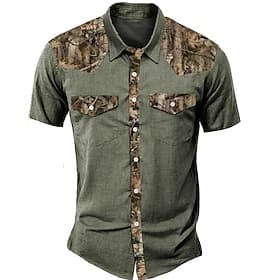 Men's Camouflage Western Shirt Short Sleeve Western Sports Outdoor Summer Turndown Button Up 2 Pockets Black Green Beige