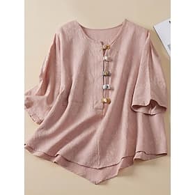 Women's Shirt Cotton Linen Shirts Linen-feel Shirts Blouse Buttons Solid Color Basic Casual 3/4 Length Sleeve Crew Neck Regular Tops Daily Blue Pink Summer