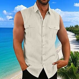 Homme Chemise en coton et lin Chemise d'été Chemise Décontractée Chemise de Plage Couleur Unie / Unie Hawaïen Noir Bleu Violet Vert Sans manches Col de chemise