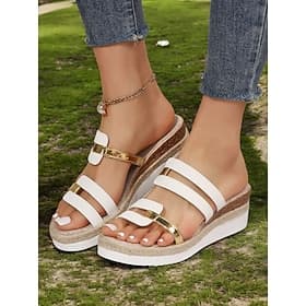 weiße Plateausandalen mit Keilabsatz für Damen mit goldenen Riemchenakzenten, lässiger Slip-On-Stil für Sommerausflüge und als Strandbekleidung