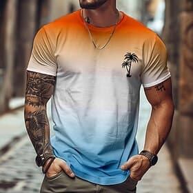 Herren Ombre Kokospalme T Shirt Kurzarm T-Shirt 3D-Druck Rundhalsausschnitt Hemd Tropisch Hawaiianisch Urlaub Straße Täglich Blau Purpur Grün Sommer Frühling B