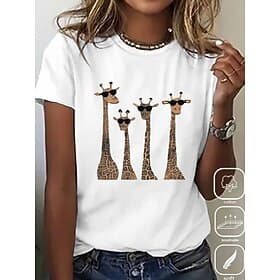 Women's T Shirt Cotton Shirt Print Animal Letter Casual Short Sleeve Round Neck Regular Tops Daily White Summer