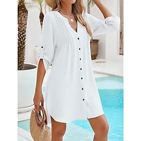 Wearables de Playa para Mujeres Cubierta de Baño Vestidos Trajes de Baño con Botones Ropa de Playa de Color Sólido Cuello en V de Manga Larga