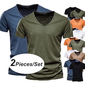 Homme T-shirt Manches courtes Col en V Été Uni Mode Designer Basique Col en V Pack multiple Vacances Rue Sortir Blanc et bleu Orange / Vert Noir Noir T-shirt