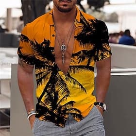 Hombre Árbol de coco Plantas tropicales Camisa camisa hawaiana Manga Corta Camisa Cuello Vuelto Moda Design Casual Casual Exterior Calle Amarillo Claro Amarill