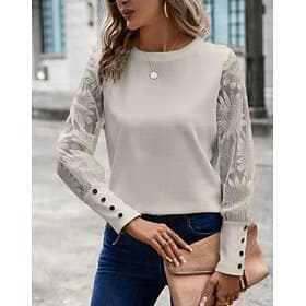 Hauts en dentelle blancs élégants pour femmes Blouse en œillets Hauts habillés Élégants avec boutons en dentelle À manches longues col ras du cou Hauts romanti