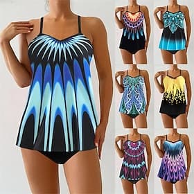 Damen Tankini Bikini, Zweiteiler V-Ausschnitt Bademode Badeanzug Gelb Königliches Blau Atmungsaktiv Schnelltrocknend Leichtgewichtig Ärmellos - Schwimmen Surfe