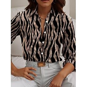 Damenbluse aus leinenähnlichem atmungsaktivem leichtem tierischem geometrischem lässigen langen Ärmeln Shirt-Kragen regelmäßigen Tops beruflich täglich Knöpfen