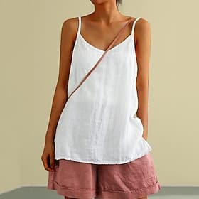 Women's Cotton Linen Shirts Blouse Plain Daily Stylish Basic Sleeveless V Neck Regular Tops Daily Work Holiday Blue Black White Yellow Green Summer