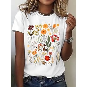 Women's T Shirt Print Floral Basic Short Sleeve Round Neck Regular Tops Daily Weekend Black White Gray Summer