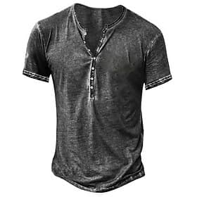 Men's Henley Shirt Tee Top Long Sleeve Shirt Short Sleeve Plain Vintage Fashion Basic Garment Dyed Washed Henley Vacation Street Going out Summer Dark Brown Da