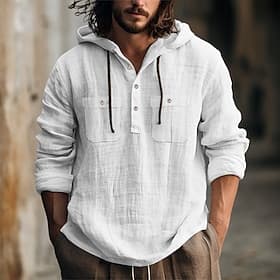 Men's Shirt Linen Shirt Summer Shirt Beach Shirt Hooded Shirt Plain Casual Daily Black White Blue Brown Long Sleeve Hooded Spring Summer Clothing Apparel