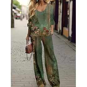 Dames 2 Stukken Basis Neon Fel Shirt Blouse 3/4 Lengte Mouw V-hals Bloemprint Casual Linnenachtig Groen Zomer Regulair Fit
