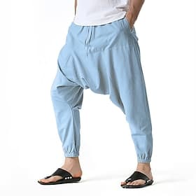 Men's Joggers Trousers Cotton Pants Beach Pants Harem Pants Drawstring Pocket Elastic Waist Plain Comfort Breathable Daily Beach Vacation Hawaiian Boho White S