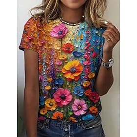 Women's T Shirt Print Floral Color Block Casual Short Sleeve Round Neck Regular Tops Daily Rainbow Summer