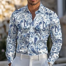 Men's Paisley Ethnic Satin Shirt Dress Shirt Button Up Shirt Long Sleeve Fashion Casual Daily Vacation Evening Party Summer Spring Fall Turndown Collared Shirt