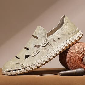 Beige Fischersandalen aus Leder für Herren mit atmungsaktivem Cutout-Design und bequemer Sohle für Freizeit-, Outdoor- und Sommerkleidung