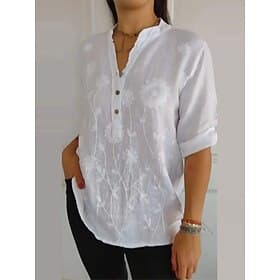 Damen Hemd Bluse Langes Baumwolltop Weißes Baumwolltop Bestickt Einfarbig Basic Lässig Langarm V Ausschnitt Normale Oberteile Täglich Arbeit Ausgehen Weiß Khak