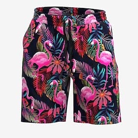 Men's Flamingo Tropical Plants Swim Trunks Swim Shorts Board Shorts Mid Waist Streetwear Hawaiian Casual Holiday Beach Vacation Wear Drawstring Pocket Elastic