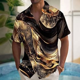 Men's Luxury Abstract Marble Shirt Button Up Shirt Short Sleeve Fashion Casual Vacation Holiday Streetwear Summer Spring Turndown 3D Print Collared Shirts Blac