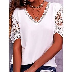 Women's T Shirt Lace Patchwork Eyelet Plain Fashion Modern Casual Short Sleeve V Neck Regular Tops Daily Going out Weekend White Pink Purple Light Blue Summer