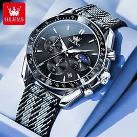 OLEVS Men's Chronograph Watch Moon Phase Date Waterproof Luminous Woven Strap Quartz Wrist Watch for Men Fashion Sport Business Dress Watches Gifts for Him