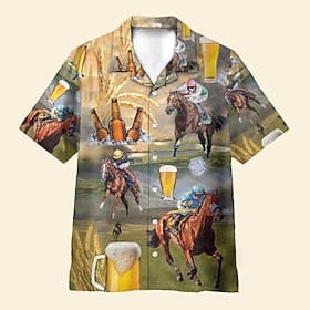 Kentucky Derby Men's Beer Horse Racing Shirt Cuban Collar Shirt Short Sleeve Vintage Retro Vacation Holiday Festival Summer Spring Camp Collar Shirt 3D Print F