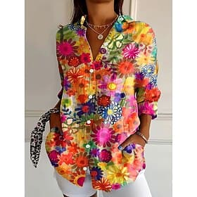 Camisa de Mujer de Lino Ligera Transpirable Tipo Lino Blusa de Botones con Cuello de Manga Larga Floral Casual Tops Regulares Trabajo Diario s Impresión Roja P