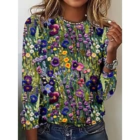 T-shirt Femme Manches Longues Col Ronde Tunique Florale Élégante Vintage Hauts Classiques Imprimé Quotidien Sortie Weekend Vert Sauge Préautomne