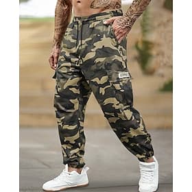 Men's Cargo Pants Trousers Drawstring Elastic Waist Multi Pocket Camo Camouflage Wearable Outdoor Daily Camping Hiking Fashion Classic Green Khaki