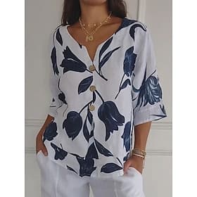 Women's Shirt Linen-feel Shirts Button Up Blouse Buttons Print Graphic Elegant Daily Stylish 3/4 Length Sleeve V Neck Regular Tops Daily Holiday Going out Whit
