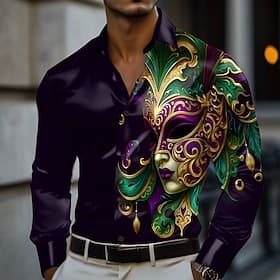 Mardi Gras Men's Mask Carnival Satin Shirt Dress Shirt Button Up Shirt Long Sleeve Fashion Casual Holiday Summer Spring Turndown Collared Shirts 3D Print Purpl