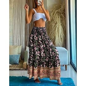 Women's Elegant Maxi High Waist Skirts Floral Geometric Ruched Print Flowy Inelastic Going out Casual Daily Blue Black Red Sky Blue Summer