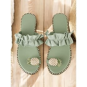 Green Ruffled Slide Sandals for Women – Stylish Pearl Pineapple Detail, Comfortable Flat Sandals for Summer, Beach and Casual Wear