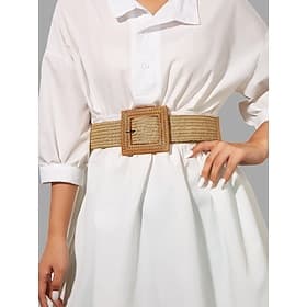 Cinturón de paja tejida para mujer con hebilla cuadrada de gran tamaño: estilo boho chic, ajuste ajustable para ropa casual o de playa, perfecto para atuendos