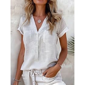 Women's Shirt Linen-feel Shirts Button Up Blouse Pocket Solid Color Basic Casual Short Sleeve V Neck Regular Tops Daily Blue Black Pink Orange Light Grey Summe