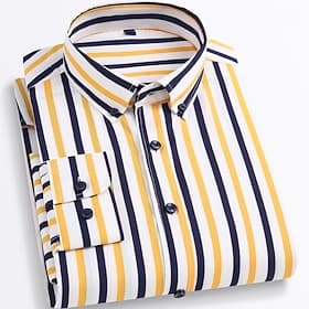 Men's Shirt Dress Shirt Button Up Shirt Stripes Wedding Party Navy bluewhite Black White Yellow Long Sleeve Lapel Spring Fall Clothing Apparel Pocket